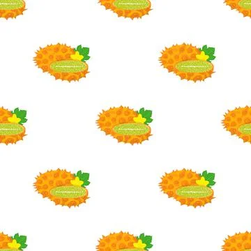 Seamless pattern with fresh yellow kiwano fruit and flowers isolated on white Stock Illustration
