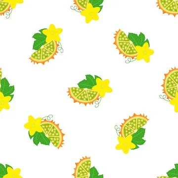 Seamless pattern with fresh yellow kiwano fruit and flowers isolated on white Stock Illustration