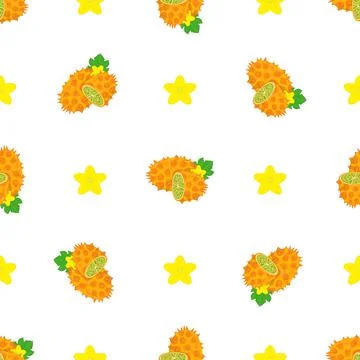 Seamless pattern with fresh yellow kiwano fruit and flowers isolated on white Stock Illustration