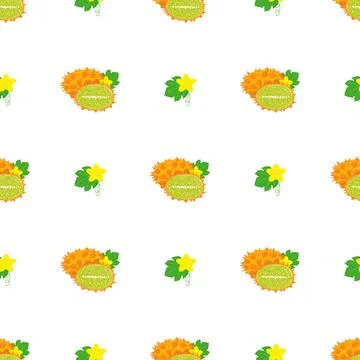 Seamless pattern with fresh yellow kiwano fruit and flowers isolated on white Stock Illustration