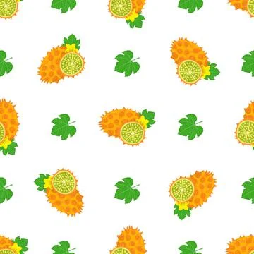 Seamless pattern with fresh yellow kiwano fruit and flowers isolated on white Stock Illustration