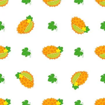 Seamless pattern with fresh yellow kiwano fruit and flowers isolated on white Stock Illustration