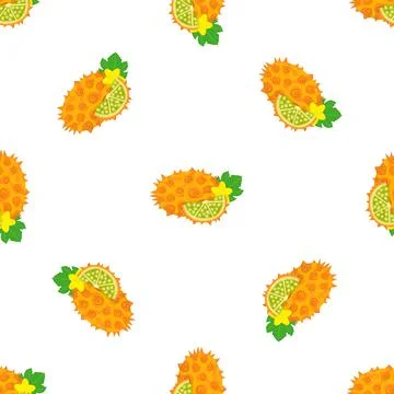 Seamless pattern with fresh yellow kiwano fruit and flowers isolated on white Stock Illustration