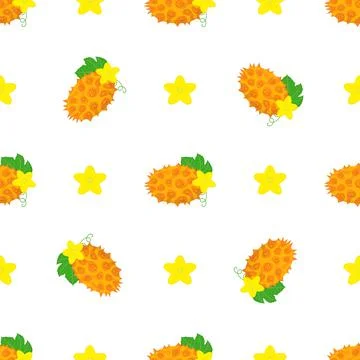 Seamless pattern with fresh yellow kiwano fruit and flowers isolated on white Stock Illustration