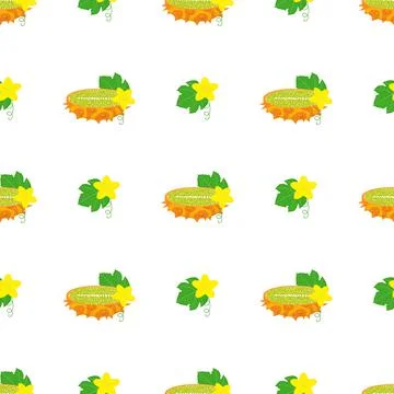 Seamless pattern with fresh yellow kiwano fruit and flowers isolated on white Stock Illustration
