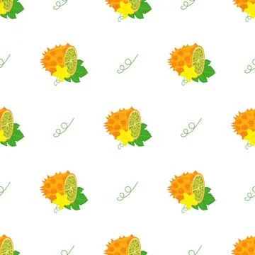 Seamless pattern with fresh yellow kiwano fruit and flowers isolated on white Stock Illustration