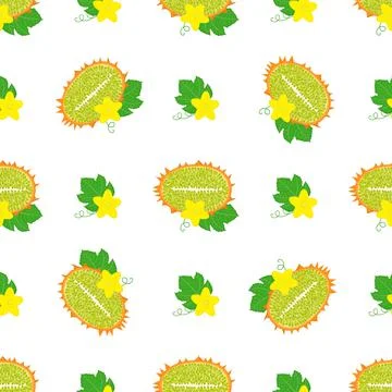 Seamless pattern with fresh yellow kiwano fruit and flowers isolated on white Stock Illustration