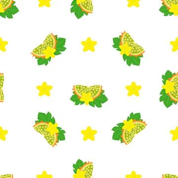 Seamless pattern with fresh yellow kiwano fruit and flowers isolated on white Stock Illustration