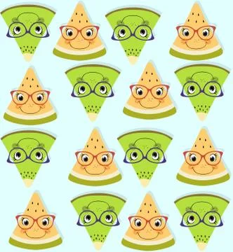 Seamless pattern with fresh yellow melon and green kiwi over blue background. Illustrazione stock