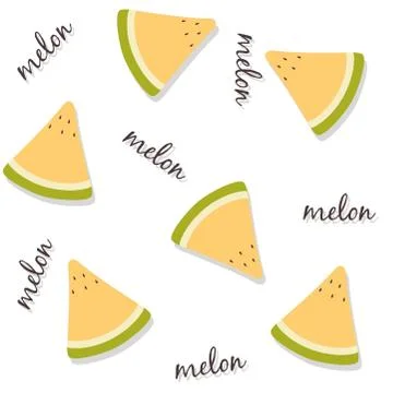 Seamless pattern of fresh yellow melon slices with lettering and drop shadow. Illustrazione stock