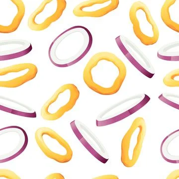 Seamless pattern fried and raw onion rings tasty snacks for beer fast food Stock Illustration