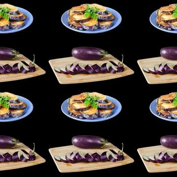 Seamless pattern with fried eggplant on a plate and raw on a cutting board. B Fotos Stock