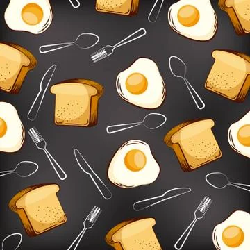 Seamless pattern fried eggs bread and fork spoon knife Illustrazione stock