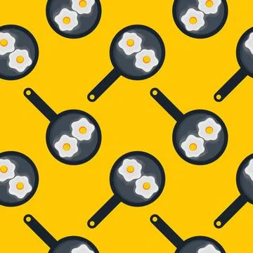 Seamless pattern of fried eggs on the frying pan Illustrazione stock