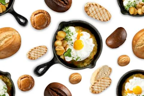 Seamless pattern fried eggs in a frying pan, different types of bread. Stock Photos