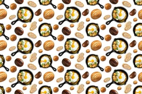 Seamless pattern fried eggs in a frying pan, different types of bread. Stock Photos