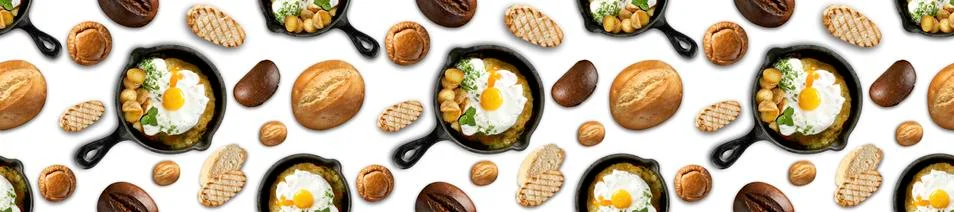 Seamless pattern fried eggs in a frying pan, different types of bread. Foto stock