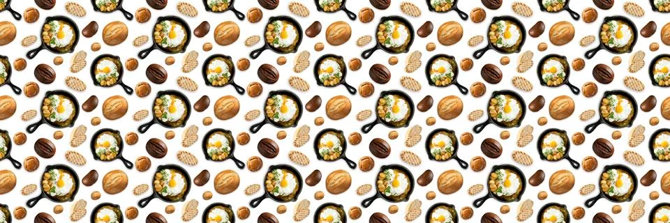 Seamless pattern fried eggs in a frying pan, different types of bread. Stock Photos