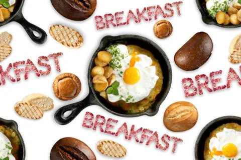 Seamless pattern fried eggs in a frying pan, different types of bread. Stock Photos
