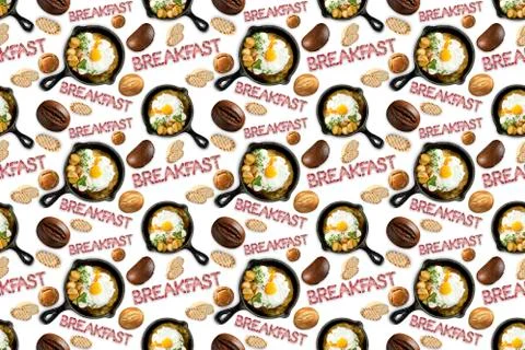 Seamless pattern fried eggs in a frying pan, different types of bread. 写真素材