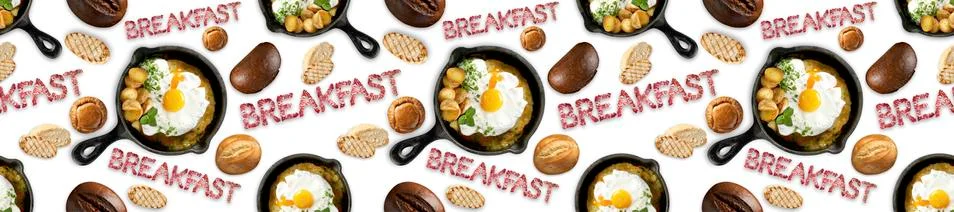 Seamless pattern fried eggs in a frying pan, different types of bread. Foto stock