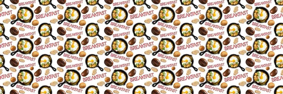 Seamless pattern fried eggs in a frying pan, different types of bread. 스톡 사진
