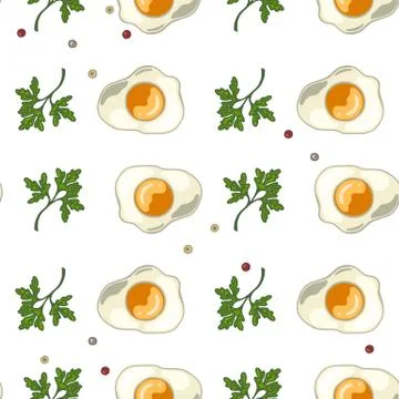 Seamless pattern with fried eggs with parsley and pepper Stock Illustration