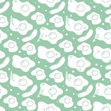 Seamless pattern of fried eggs, sausage, and herbs on green background for .. Stock Illustration