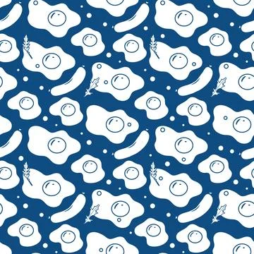 Seamless pattern with fried eggs, sausages, and herbs on a dark blue backgrou Stock Illustration