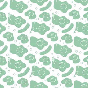 Seamless pattern of fried eggs, sausages, and herbs in green tones for food.. Stock Illustration