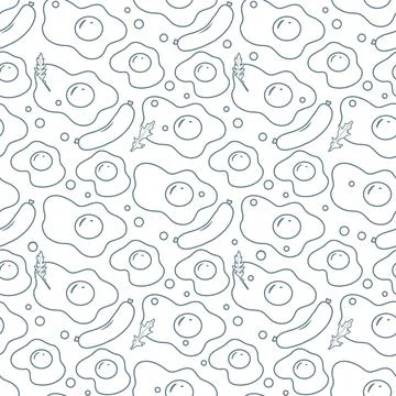 Seamless pattern with fried eggs, sausages, and leafy greens in simple line.. Stock Illustration
