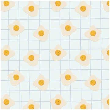 Seamless pattern fried sunny-side-up eggs on a blue gingham tartan background Illustrazione stock