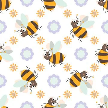 Seamless pattern with Friendly Cute cartoon Bee and flower Illustrazione stock