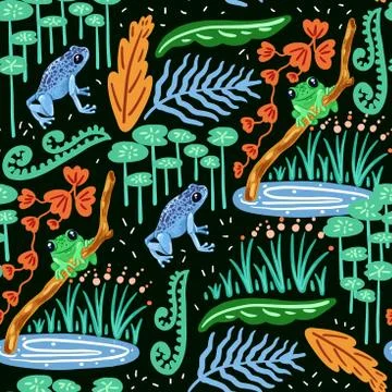 Seamless pattern with frog. Forest pattern vector background Stock Illustration