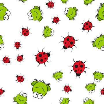 Seamless pattern of frogs and ladybugs in cartoon style Stock Illustration