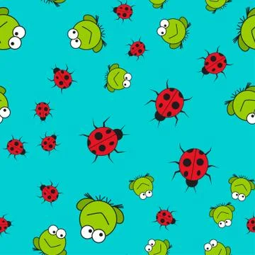 Seamless pattern of frogs and ladybugs in cartoon style Stock Illustration