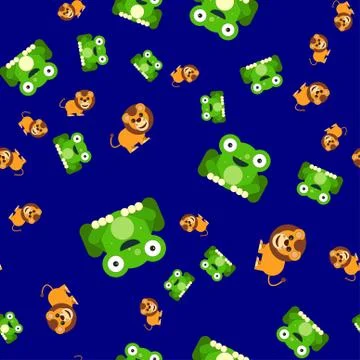 Seamless pattern of frogs and a lion. Stock Illustration