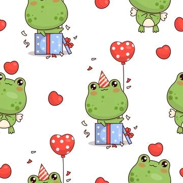 Seamless pattern with frogs birthday boy with balloons and gift on white ba.. Stock Illustration