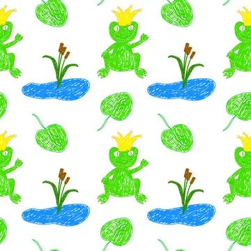 Seamless Pattern with Frogs, Ponds, and Lilypads Stock Illustration