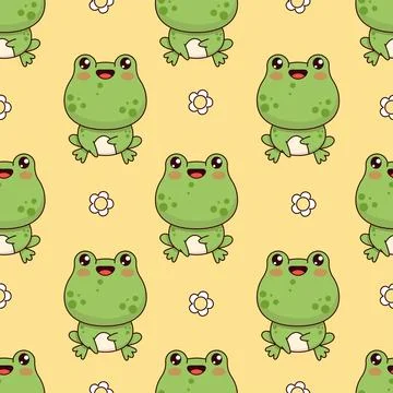 Seamless pattern with frogs on yellow background with daisy flowers. Cute k.. Stock Illustration