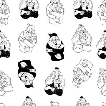 Seamless pattern with Frozen, cold man and woman wrapped in scarf on white .. 스톡 일러스트