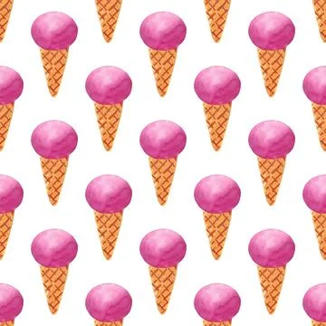 Seamless pattern with frozen desserts. A cone with a pink ice cream ball. Stock Illustration