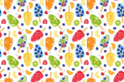 Seamless pattern with frozen fruit popsicle with slices of kiwi, strawberry Stock Illustration