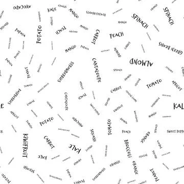 Seamless pattern with fruit and vegetable names on white background. Vector Stock Illustration
