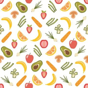 Seamless pattern with fruit and vegetables in hand drawn style. Flat Stock Illustration