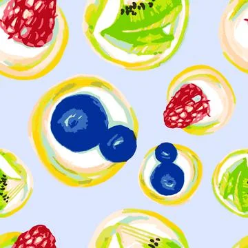 Seamless pattern of fruit cakes on a blue background Stock Illustration