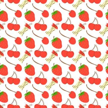 Seamless pattern with fruit cherry, strawberry, apple. Hand drawn cherry isol Stock Illustration