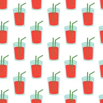 Seamless Pattern with Fruit cocktail with straw. Watermelon summer drink Stock Illustration
