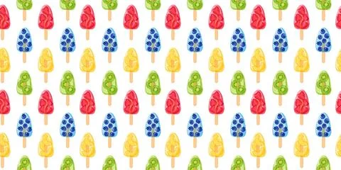 Seamless pattern with fruit ice pops in cartoon style. Repeating summer dessert 스톡 일러스트