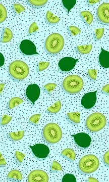 Seamless pattern fruit kiwi piece with seed and leaves on blue background, Ve Illustrazione stock